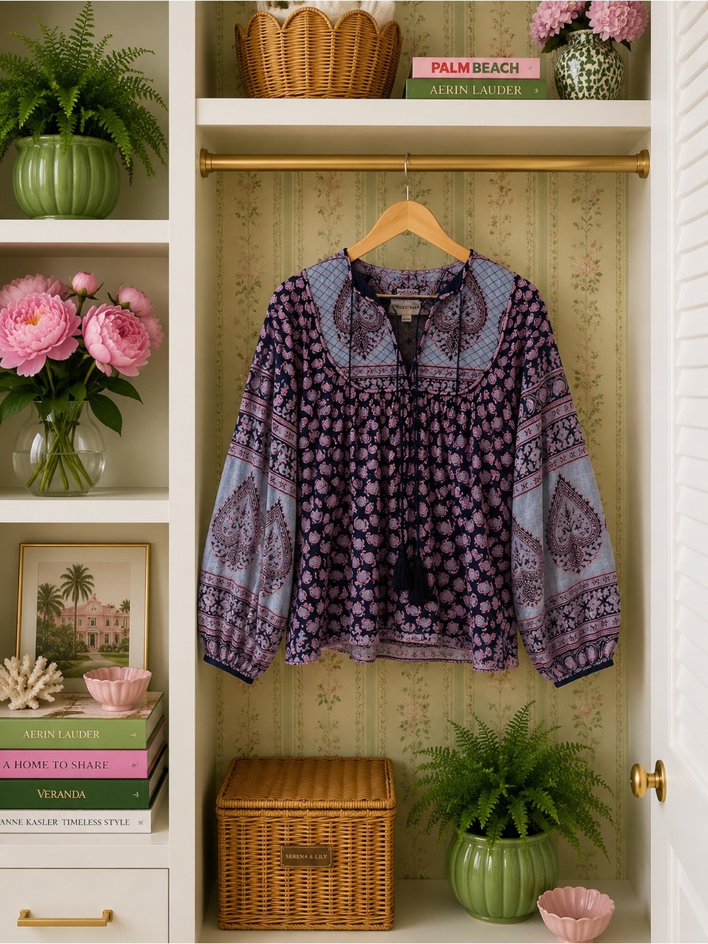 Antik Batik Navy and Light Blue Floral Paisley Blouse